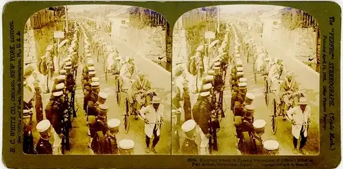 Stereo Foto Hiroshima Japan, Buddhist priests, Funeral Procession of officers killed at Port Arthur