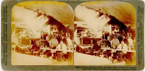 Stereo Foto Port Arthur Lüshunkou Dalian China, during siege, restaurant wrecked by Japanese shells