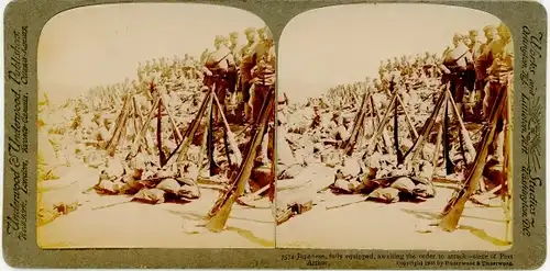 Stereo Foto Siege of Port Arthur Lüshunkou Dalian China, Japanese awaiting the order to attack