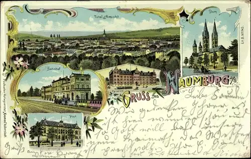 Litho Naumburg an der Saale, Dom, Bahnhof, Post, Totalansicht