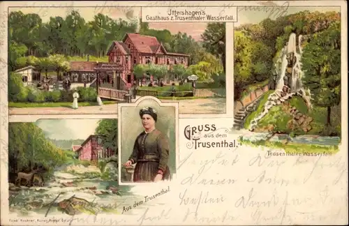 Litho Brotterode Trusetal in Thüringen, Ittershagens Gasthaus zum Trusetaler Wasserfall, Tracht