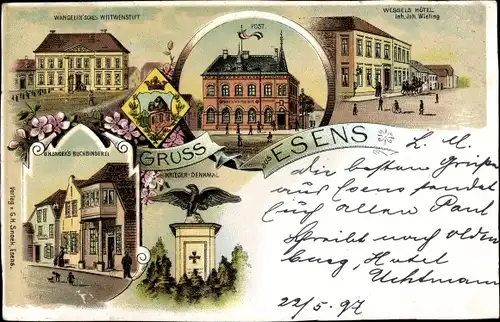 Litho Esens in Ostfriesland, Wessels Hotel, Kriegerdenkmal, Post, Witwenstift, Buchbinderei