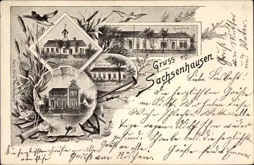 Litho Sachsenhausen in Thüringen, Schulhaus, Gasthof, Flussfahrzeug Vers. Gesellschaft, Post