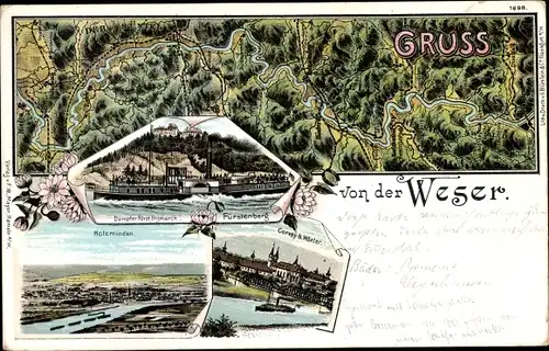 Landkarten Litho Hameln in Niedersachsen, Dampfer Fürst Bismarck, Karlshafen