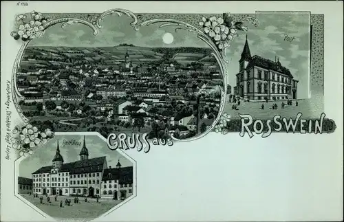 Mondschein Litho Roßwein im Mittelsächsischen Bergland, Totalansicht, Rathaus, Postgebäude