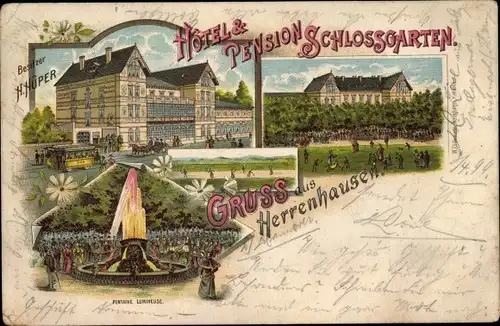 Litho Herrenhausen Hannover, Hotel Pension Schlossgarten, H. Hüpner, beleuchtete Fontäne, Straße