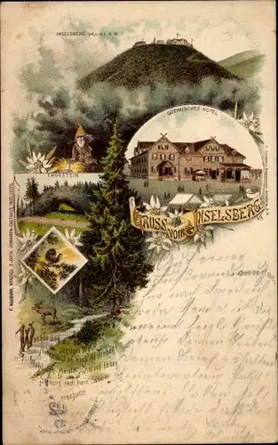 Litho Brotterode Trusetal in Thüringen, Inselsberg, Thorstein, Gothaisches Hotel, Zwerg