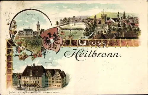 Präge Wappen Litho Heilbronn am Neckar, Wartberg, Teilansicht, Rathaus