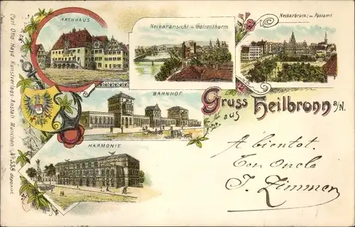 Litho Heilbronn am Neckar, Götzenturm, Brücke, Bahnhof, Rathaus, Neckaransicht, Post, Harmonie