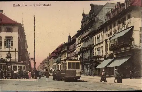 Ak Karlsruhe in Baden, Kaiserstraße, Straßenbahn, Café Central