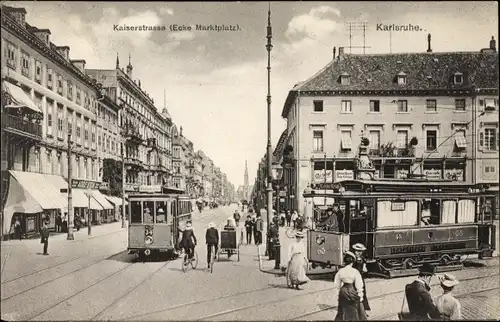 Ak Karlsruhe in Baden, Kaiserstraße Ecke Marktplatz, Straßenbahnen