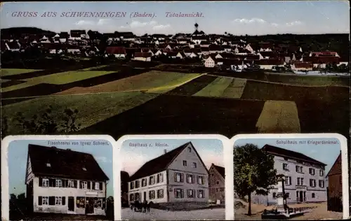 Ak Schwenningen am Neckar, Gesamtansicht, Flaschnerei, Gasthaus Rössle, Schule, Kriegerdenkmal