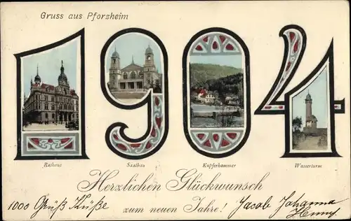 Ak Pforzheim im Schwarzwald, Rathaus, Saalbau, Kupferhammer, Wasserturm, Jahreszahl 1904