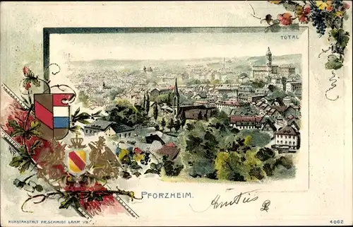 Passepartout Litho Pforzheim im Schwarzwald, Gesamtansicht, Wappen