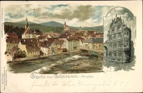 Künstler Ak Gernsbach im Murgtal Schwarzwald, Teilansicht, Rathaus