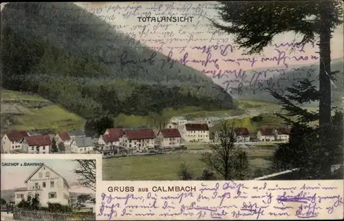 Ak Calmbach Bad Wildbad im Schwarzwald, Gesamtansicht, Gasthof zum Bahnhof