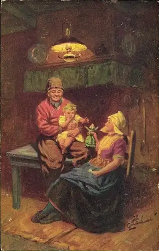 Künstler Ak Gerstenhauer, J. G., Familie, Kind, Niederländische Tracht, Bauernstube