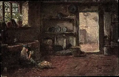 Künstler Ak Mädchen in einer dunklen Küche