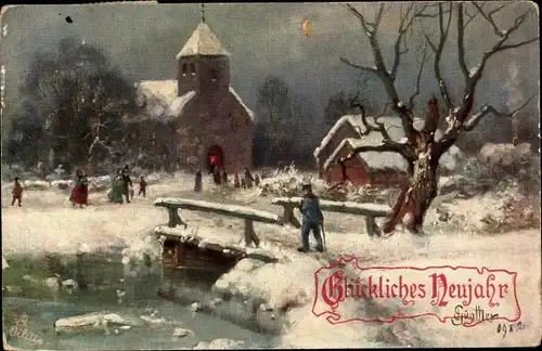 Künstler Ak Glückwunsch Neujahr, Winteridyll im Ort, Kirche, Holzbrücke