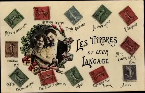 Briefmarken Ak Briefmarkensprache, Les Timbres et leur Langage, Liebespaar