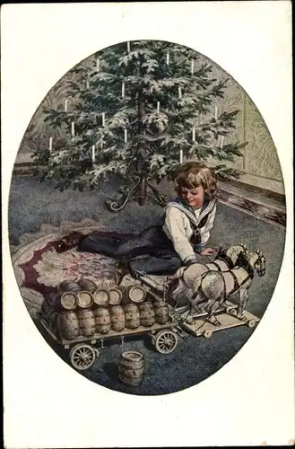 Künstler Ak Wirsing, Glückwunsch Weihnachten, Junge mit Spielzeug, Bierkutsche, Tannenbaum