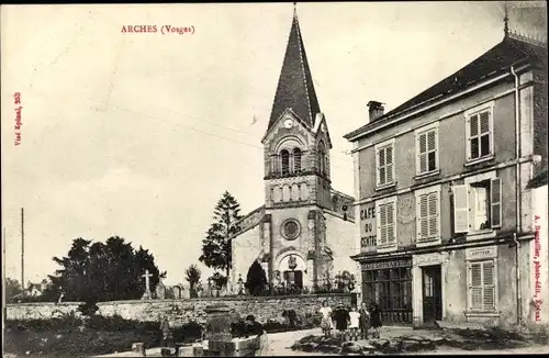 Ak Arches Vosges, Kirche, Friedhof, Cafe du Centre