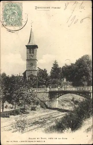 Ak Deycimont Vosges, Eglise et Pont, Kirche, Brücke, Eisenbahnschienen
