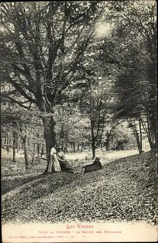 Ak Vosges, Sous la Hetree, La Chute des Feuilles, 3 Personen unter einer Buche, Laub, Wald