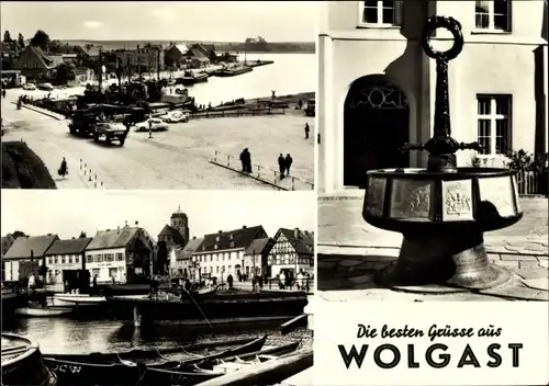 Ak Wolgast in Mecklenburg Vorpommern, Partien im Ort, Brunnen, Boote