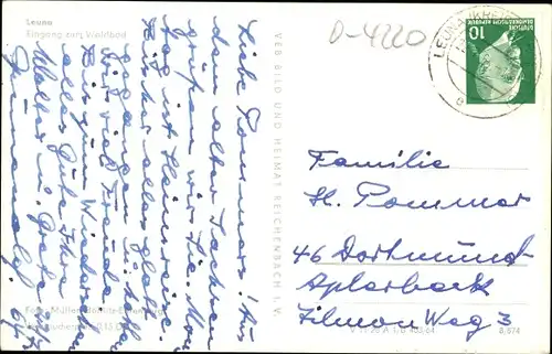 Ak Leuna an der Saale, Eingang zum Waldbad, Brücke