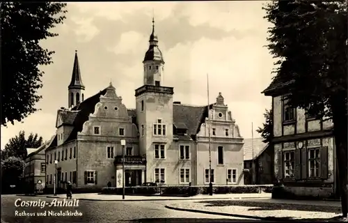 Ak Coswig in Anhalt, Rathaus und Nicolaikirche