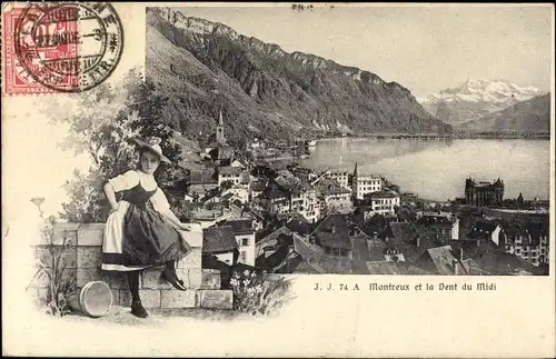 Ak Montreux Kanton Waadt, Ville, Femme, Dent du Midi
