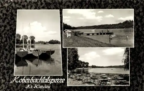 Ak Langenhessen Werdau an der Pleiße in Sachsen, Koberbachtalsperre, Segelboote, Steg, Biergarten