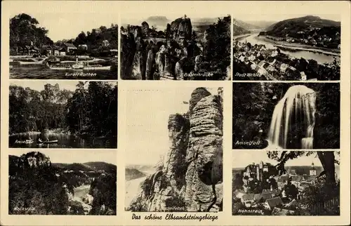 Ak Hohnstein Sächsische Schweiz, Wehlen, Rathen, Elbsandsteingebirge, Amselfall, Basteibrücke