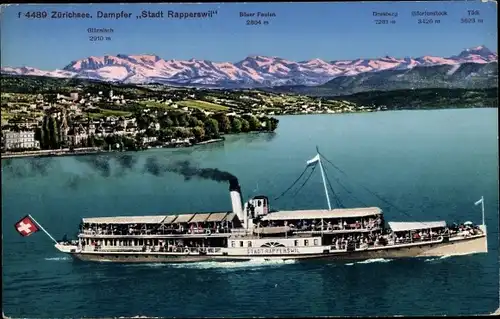 Ak Zürichsee Kanton Zürich, Alpenpanorama mit Beschriftung, Dampfschiff Stadt Rapperswil
