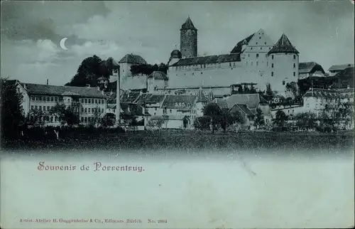 Mondschein Ak Pruntrut Porrentruy Kanton Jura, Ortsansicht mit Burg