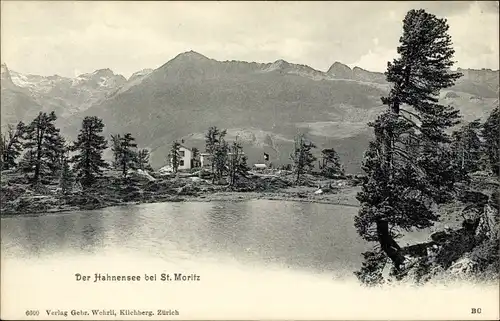 Ak Hahnensee bei Sankt Moritz Kanton Graubünden, Gebirgspanorama
