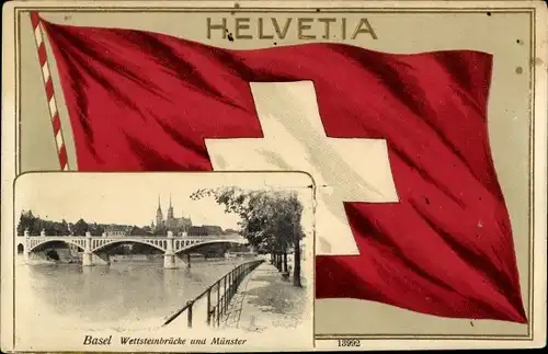 Passepartout Ak Bâle Basel Stadt Schweiz, Wettsteinbrücke, Münster, Schweizer Flagge