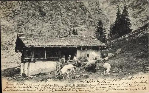 Ak Schweiz, Chalet de montagne, Berghütte mit Ziegen