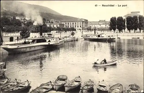 Ak Neuchâtel Neuenburg Stadt, Le port, Hafen, Boote, Dampfboot