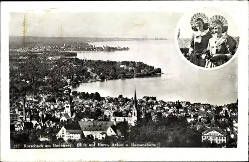 Ak Rorschach Kanton Sankt Gallen Schweiz, Bodensee, Blick auf Horn, Arbon, Frauen in Tracht