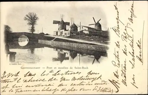 Ak Castelnaudary Aude, Pont et moulins de Saint-Roch, Brücke, Windmühlen