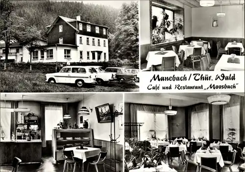 Ak Manebach Ilmenau Thüringen, Café und Restaurant Moosbach, Innenansichten, Außenansicht