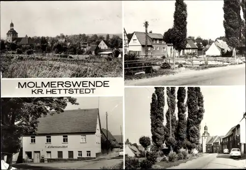 Ak Molmerswende Mansfeld im Harzvorland, Blick auf den Ort, Lebensmittelgeschäft, Kirche