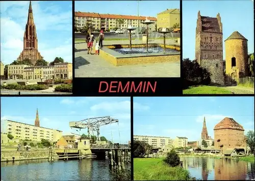 Ak Demmin in Vorpommern, Zugbrücke über die Peene, Luisentor, Pulverturm, Springbrunnen am Markt