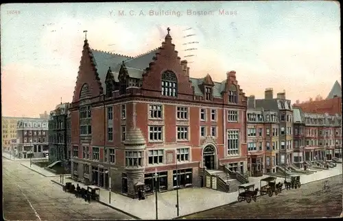 Ak Boston Massachusetts USA, Y.M.C.A. Building, Außenansicht, Kutschen