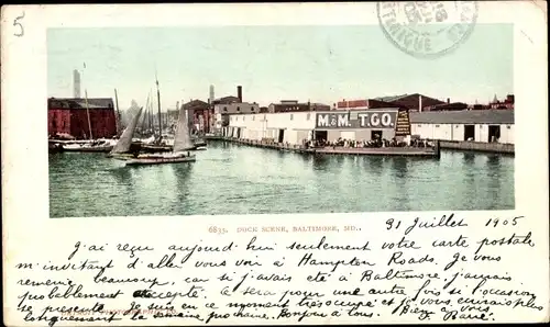 Ak Baltimore Maryland USA, Dock Scene, Hafen, Segelschiff, M&M T.G.O.