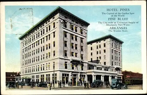 Ak Pine Bluff Arkansas USA, Hotel Pines, Außenansicht, Automobile