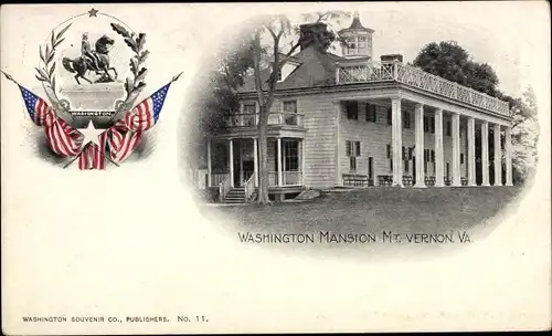 Ak Mount Vernon Viriginia USA, Washington Mansion, Flagge, Reiter in Lorbeerkranz