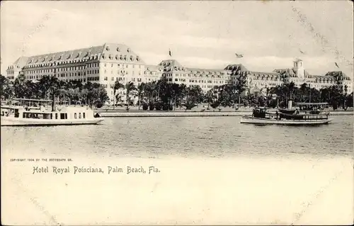Ak Palm Beach Florida USA, Hotel Royal Poinciana, Hotel mit Uferpromenade, Schiffe